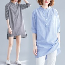 바이스타 면마 여성 여름 스트라이프 롱 셔츠 원피스