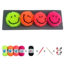 스마일 수세미 만들기 DIY 세트 국산수세미실 4볼+블랙실 1볼+코바늘+돗바늘+단수링 뜨개질 패키지, 네온칼라(형광그린+형광오렌지+형광코랄+형광핑크)