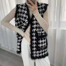 외부착용 숏 데일리 가을 모직 조끼 체크 레이어드 기모 포켓 진주 버튼 트위드 베스트