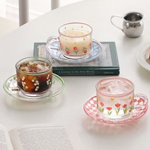 레트로 플라워 유리 커피잔 + 소서 SET 3type - 찻잔 세트, 그린-은방울