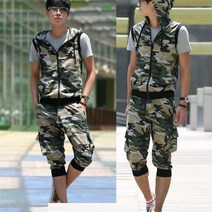 런닝맨 밀리터리 민소매후드집업 7부세트