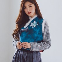 실과바늘 생활 개량 데일리 일 한복 조끼-밍크어깨털 누빔배자 블루 조끼(배자)