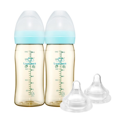 루피너스 PPSU 젖병 240ml 트윈팩(아쿠아민트/2개입)+젖꼭지(2개입), 3단계(M) 3~7개월