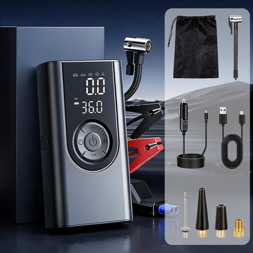 VERVEO 타이어 공기압 주입기 6000mAh 다용도 공기 주입기 자동차 자전거 오토바이 농구공 휴대용무선 전동 에어펌프, 블랙, 1개