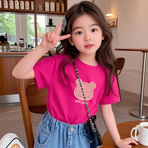 ZPEIZ 여름 여아 반팔티 아동 순면 반팔 티셔츠 곰머리 프린트 상의 루즈핏 옷 초등여아반팔티