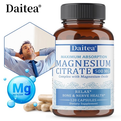 구연산마그네슘캡슐 | 500mg | 흡수율이 높은 마그네슘 보충제로 진정, 릴랙싱, 규칙적인 생활과 소화 | 글루텐 프리, 콩 프리