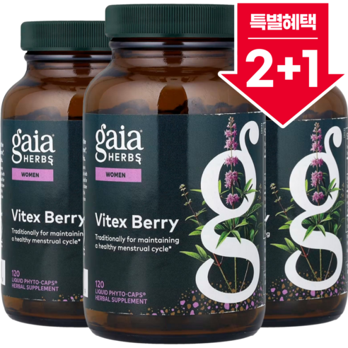 2+1 가이아 허브 여성용 바이텍스 베리 리퀴드 파이토 캡스 1000mg 120정 유기농체이스트나무베리추출물 / 해외직구 미국정품, 3개, 120정