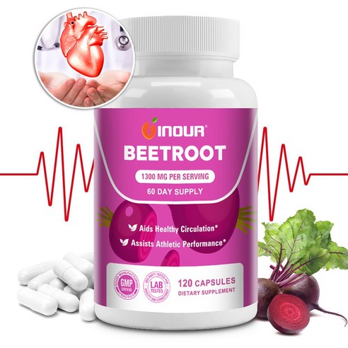 유기농 비트루트 캡슐 – 1회 제공량당 비트루트 분말 1300mg 함유 – 혈액 순환 및 지구력 향상 – 비유전자변형(Non-GMO), 비건, 글루텐프리, 2개, 120정