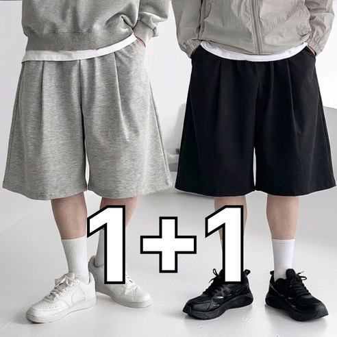 핏노블 2P 남자 버뮤다팬츠 7부 와이드 원턱 반바지 1+1