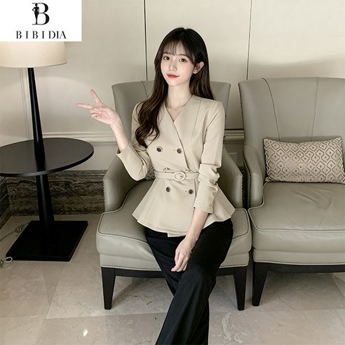 비비디아 여성 하객룩 오피스룩 벨트자켓 봄가을 정장핏 더블버튼 자켓 데일리룩5572