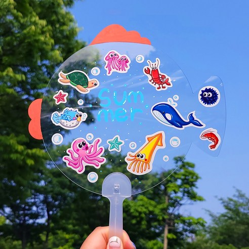 오렌지몰 여름 투명 부채 만들기 키트 여름 과일 바다 물고기 스티커 누름꽃 압화 10인세트, 10개, 바닷속 친구들 스티커 투명 부채 만들기 - 물고기