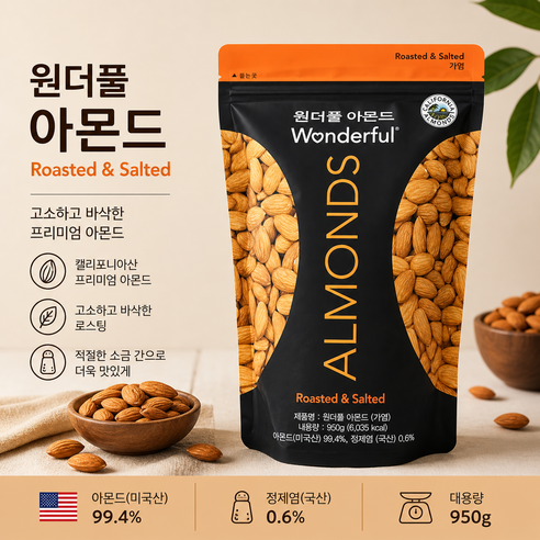 굿픽샵 원더풀 아몬드 대용량 로스티드 솔티드 캘리포니아 프리미엄 견과 간편간식+고급 사탕 증정, 2개, 950g