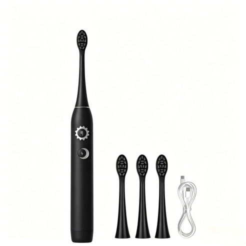 SmartSonic+ T6 음파 전동칫솔 + 칫솔모 4개 이중 모드 아침/저녁 사용, 1개, 블랙, T6