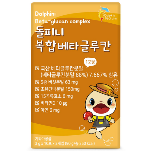 돌피니 복합베타글루칸 30포 1개월분 5종버섯분말 초유단백분말 15곡류효소 비타민D 아연 면역, 1박스, 90g