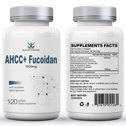 헬시파트너 AHCC 후코이단 1500mg 베타글루칸 표고버섯 균사체 알파글루칸 미역귀 무관세, 1개, 120정
