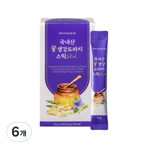[온유바이오] 우리땅에서 자란 귀한 국내산 꿀생강 도라지 스틱 20포 1BOX, 6개, 20회분