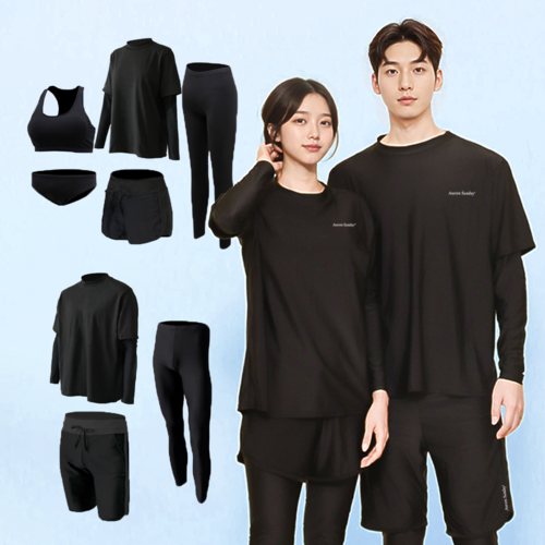 오로라선데이 올블랙 래쉬가드 남녀 루즈핏 빅사이즈 무지 체형커버 비치웨어 남성 3종 여성 5종 세트, 남성(3XL)