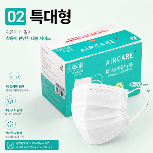 특대형 에어케어플러스 국산 일회용 덴탈마스크 KFAD 3중구조 귀안아픈 비말차단마스크, 화이트, 1박스, 50개입
