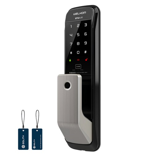 웰콤 손잡이 있음 지문인식 무타공 푸시풀 도어록