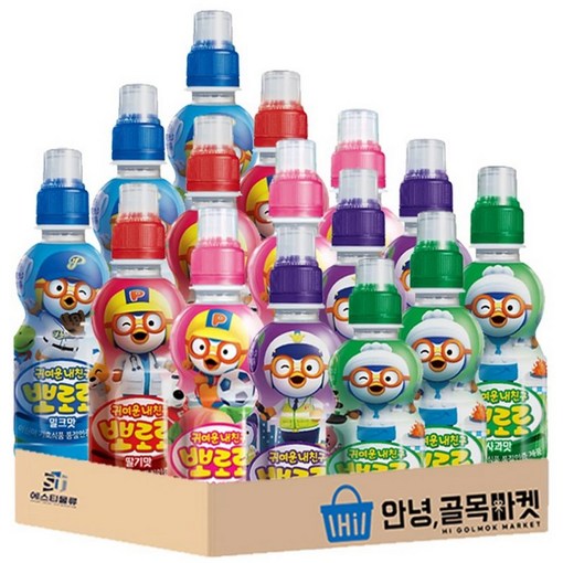 뽀로로 음료수 밀크맛3개 딸기맛3개 블루베리맛3개 사과맛3개 복숭아3개 5종 총15개, 1세트