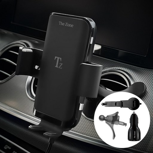 TZ-C100S 더존 15W 차량용 듀얼코일 고속 핸드폰 무선충전거치대와 고속충전시거잭 포함 Z플립4 Z플립5 호환 송풍구 대시보드형 혼합 색상