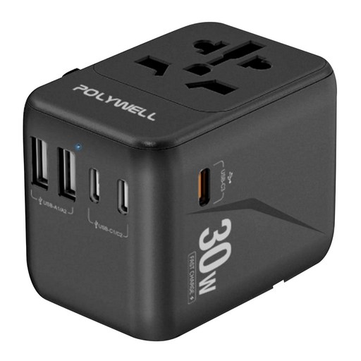 POLYWELL 寶利威爾 多國旅行充電轉接器 30W Type-C 3個 + USB-A 2個 無台灣/北美插頭 PW15-T05-A122, 72.5mm, 黑色, 1個