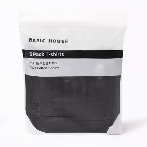 BASIC HOUSE 經典款純棉圓領短袖T恤 HATS0101 3件入, 黑色