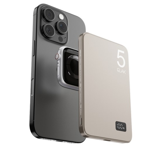 ELAK 고속충전 무선 보조배터리 5000mAh 3 in 1, DS21, 내추럴 티타늄