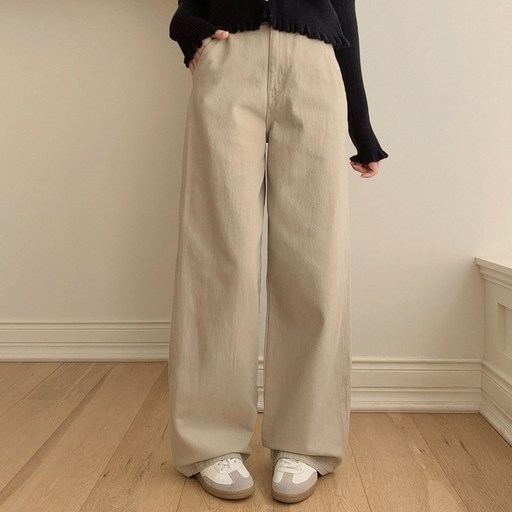 플랜데이 여성용 숏미디움롱 기장 테링 세미와이드 탄탄 코튼 팬츠