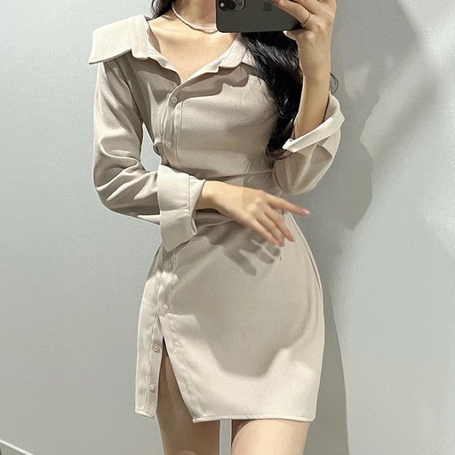 예쁨시전 언발 사선 카라넥 봄가을 버튼 미니 셔츠 랩 원피스