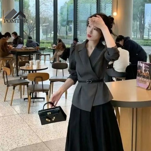 POMTOR 여성 고급 하객룩 허리끈  정장자켓 스커트 투피스 상하세트