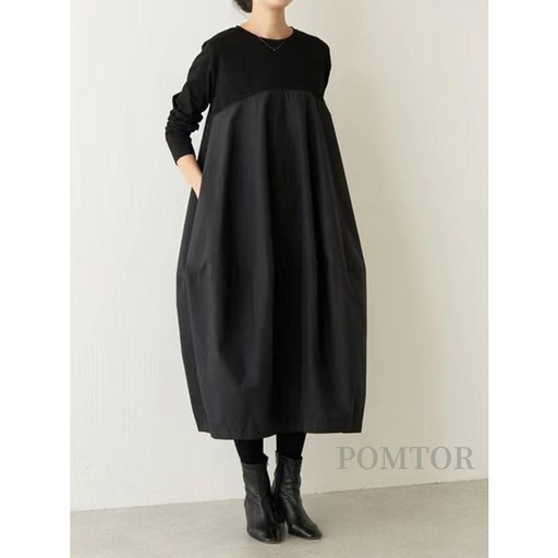 POMTOR 여성 봄 가을 루즈핏 고급진 롱 원피스