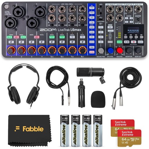 ZDM 팟캐스트 마이크 팩 헤드폰 스탠드 XLR 케이블 윈드스크린 배터리 MicroSD 카드가 포함된 Zoom LiveTrak L6max 디지털 믹서 번들
