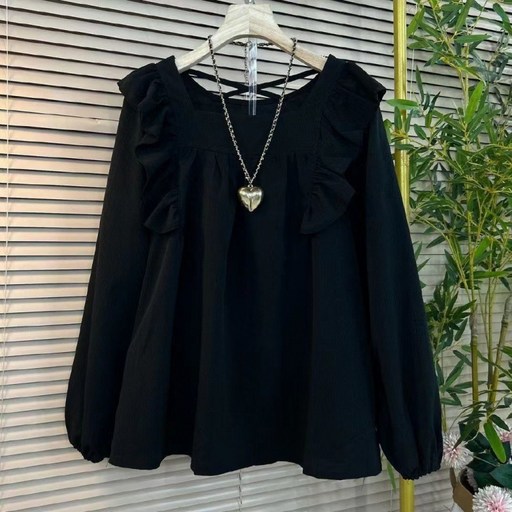 빅사이즈 여성용 시폰 블라우스 스퀘어넥 블라우스 옆트임 티셔츠 빅사이즈 긴팔 플라워 프렌치 리본 타이 사이드 셔링 자외선 차단 프릴 디자인