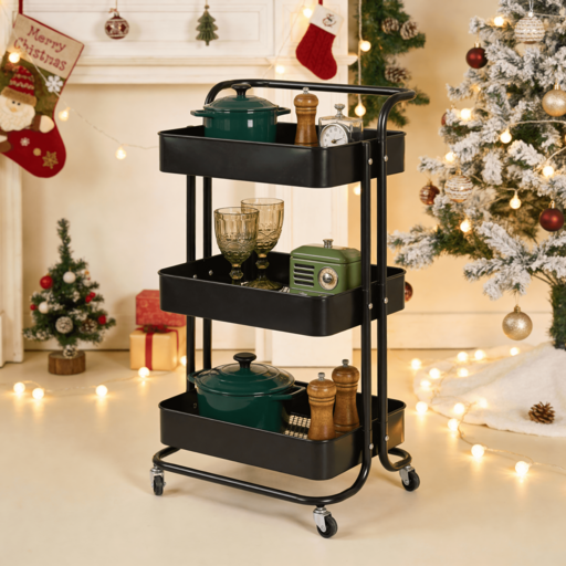 이동식 3단 메탈 트롤리 스토퍼 바퀴 세트  핸들 다용도 수납 선반, 3단, 블랙