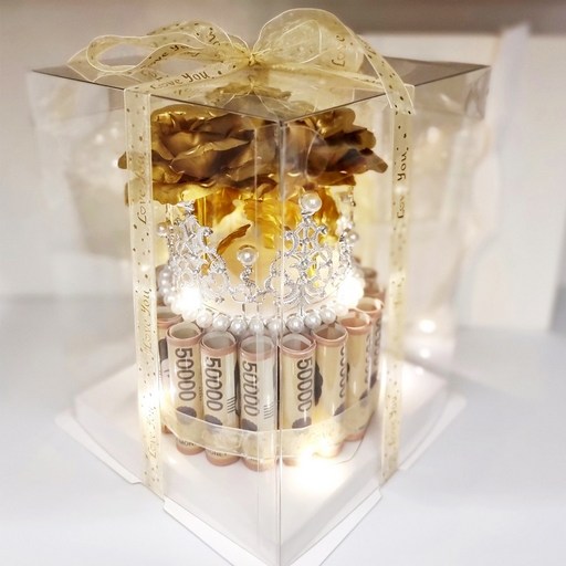 용돈박스 비누꽃 생신 생일 용돈 이벤트 왕관돈케이크  전용쇼핑백  페이크머니  LED전구, 1개, 금장미