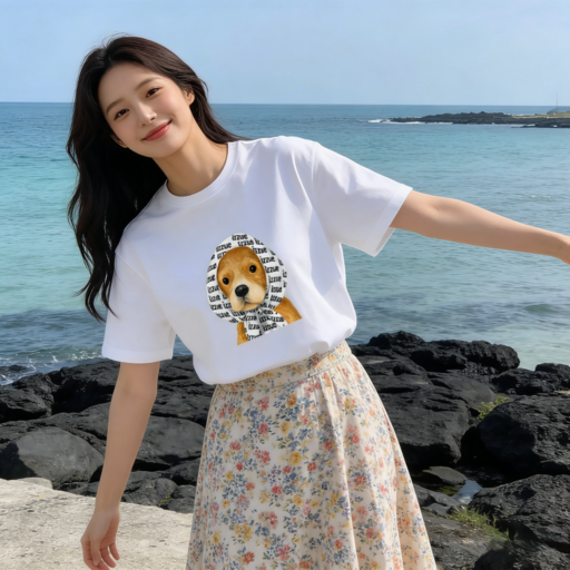 퓨어몰링 여름 순면 여성 반팔티 귀여운 강아지 루즈핏 반팔 티셔츠