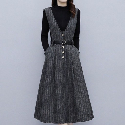 AOKADA 여성 가을 겨울 슬림핏 긴팔 니트 모직 스트라이프 민소매 브이넥 롱 원피스