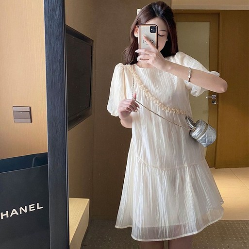 SELEAD 여름원피스 플리츠원피스 하객룩 시어서커원피스 화이트원피스 레이디쁨반팔원피스 시원한원피스 벌룬원피스