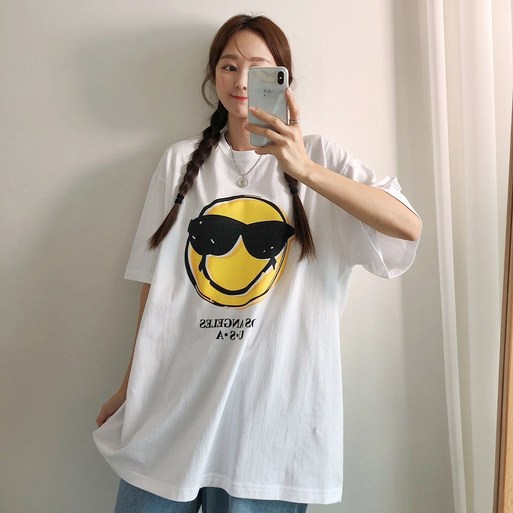 러브앤시티 남녀공용 썬글라스 반팔티 스마일 오버핏 티셔츠 박스티 라운드넥