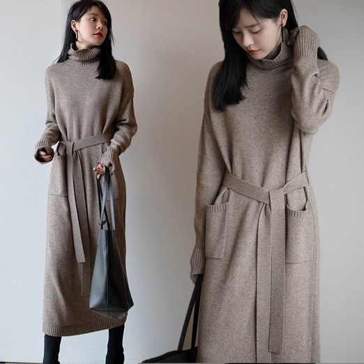 Novastar 여성 가을 겨울 니트 원피스 이너 터틀넥 롱 스웨터 원피스