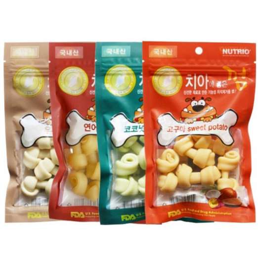 뉴트리오 국내산 치아에 좋은 강아지껌 4가지맛 연어, 고구마, 코코넛, 우유 80g X 4개