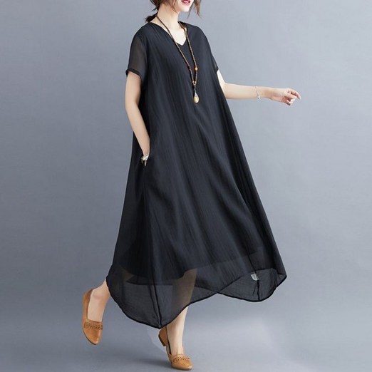 UNIQUEZON 중년여성 편안한 쉬폰 반팔 원피스 오버핏 빅사이즈 봄 여름 40대50대60대