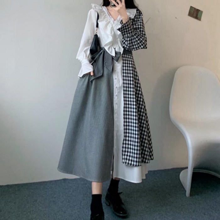페이퍼먼츠 러블리 체크무늬 미디 롱 원피스 13782 빅사이즈 포함