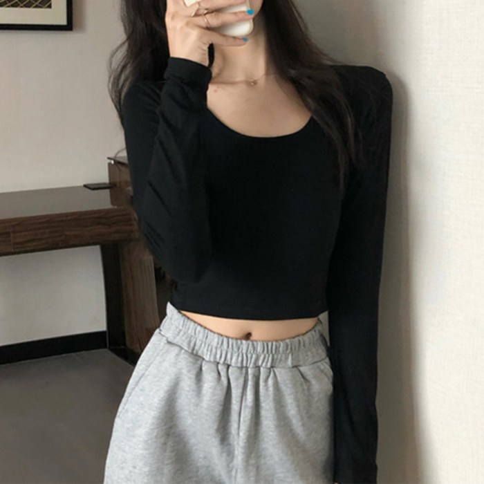 구디프 여성용 기본템 U넥 긴팔 크롭 티셔츠 구디프 여성용 기본템 U넥 긴팔 크롭 티셔츠