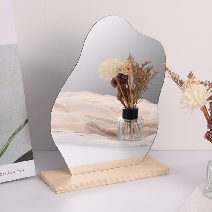 인테리어 아크릴 미러 거울 + 나무받침 세트, 단일색상