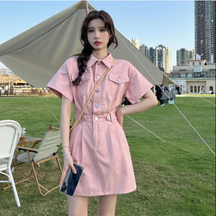데님 반팔 원피스 여 여름 2022 허리 조임 A라인 숏 스커트