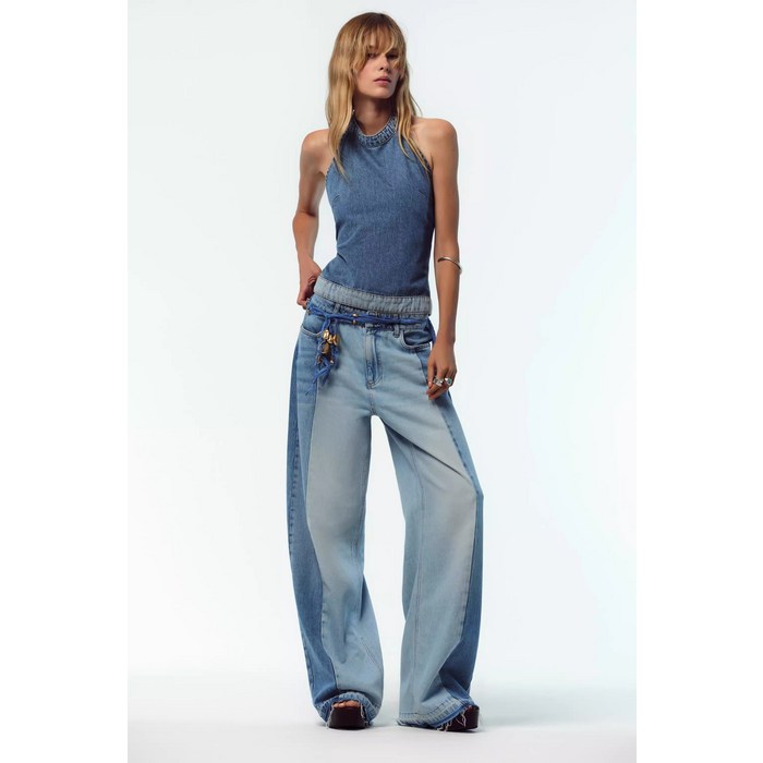 5Y9140 ZARA 여자 가을신상 배색 청바지 스타일리시 와이드핏 데님팬츠6164195