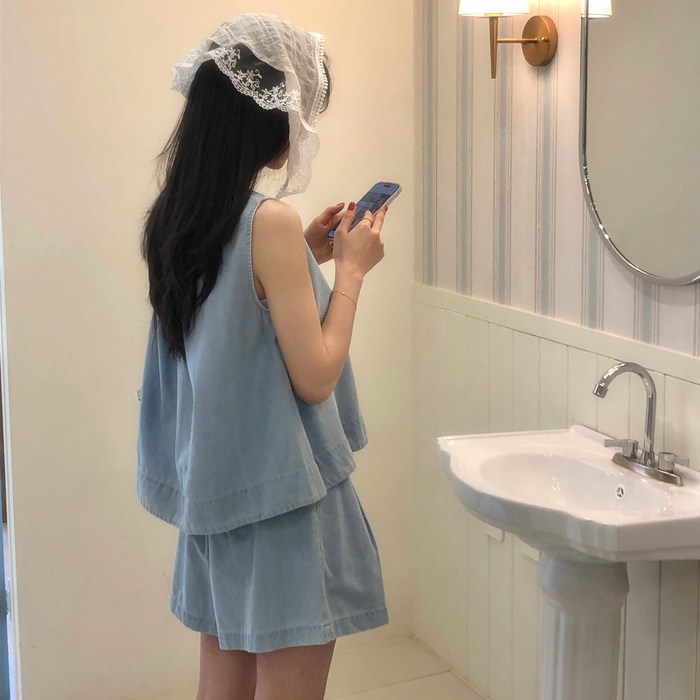 피니 여름신상,셋업 밤비 뒷트임 민소매 블라우스 밴딩 숏팬츠 set