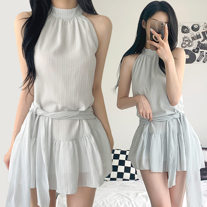 남심저격강추3col 허그 홀터넥 프릴 나시 미니 원피스